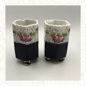 Antique Pair Unmarked Footed Porcelain Cobalt and Floral Bud Vases